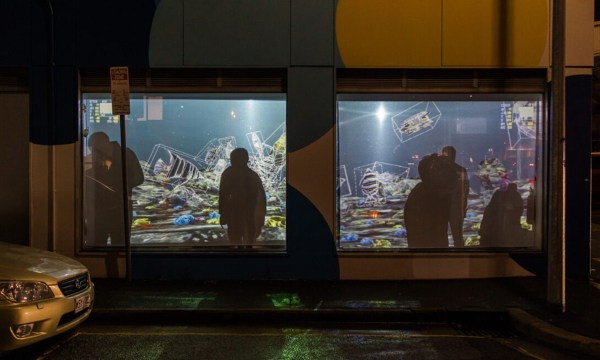 Liam Somerville's 'marine_digital_conservation_SA_2023.exe' is viewed through The Mill's windows during the Make|Shift exhibition. Photo: Daniel Marks / supplied